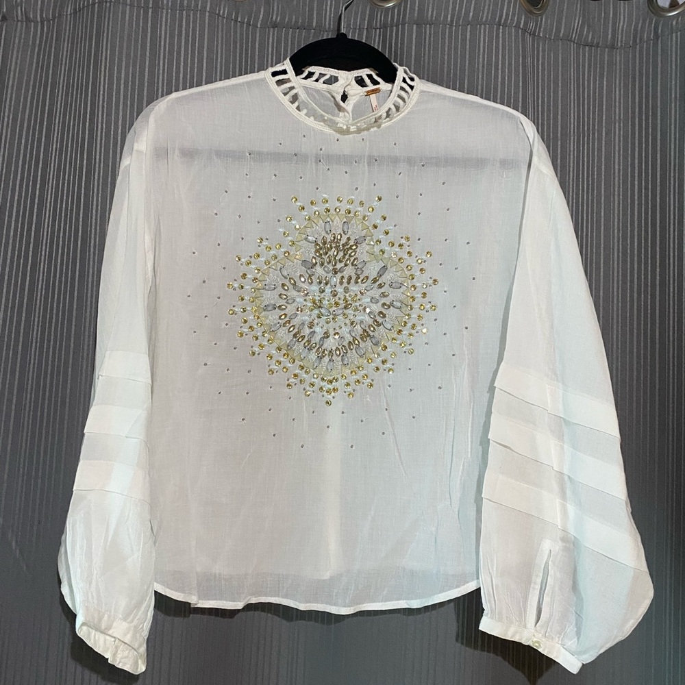 Free People White Blouse with Gold Embellishments